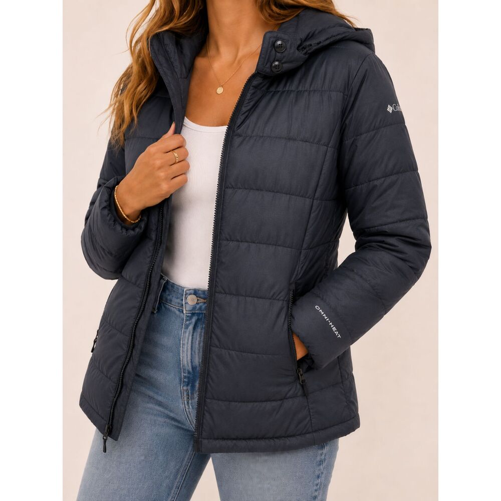 Columbia Omni-Heat Hooded Puffer Jacket Women's Small Black Winter Coat